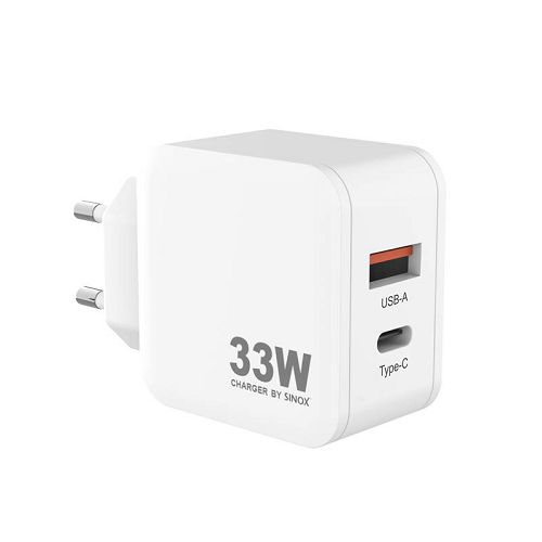 Punjač SINOX PRO, USB-A+USB-C, PD33W bijeli-0