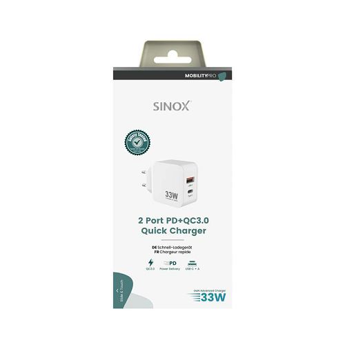 Punjač SINOX PRO, USB-A+USB-C, PD33W bijeli-1