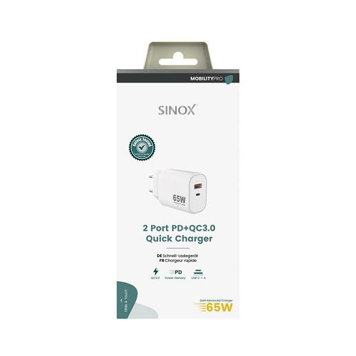 Punjač SINOX PRO, USB-A+USB-C, PD65W bijeli-1