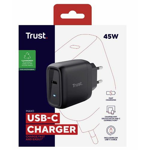 Punjač TRUST, Maxo 45W, 24816, 1xUSB-C, Kabel USB-C na USB-C crni (5 godina jamstva)-1