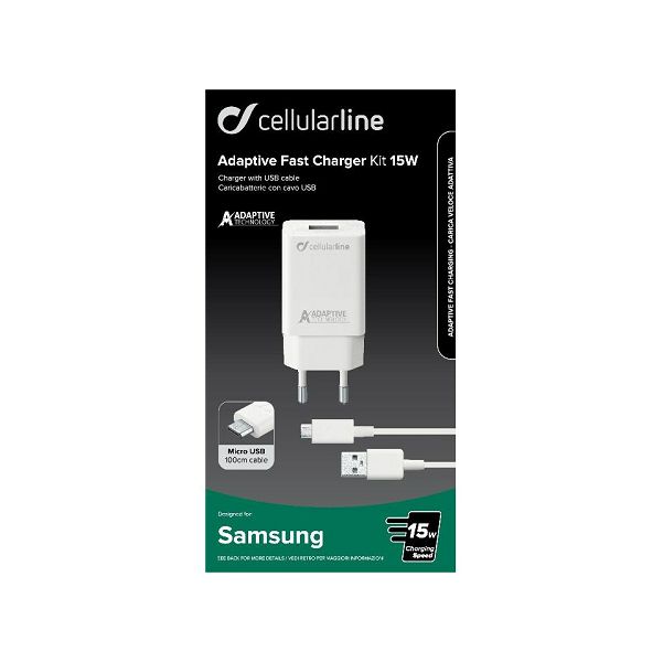 Kućni punjač za mobitel s kablom CELLULARLINE USB Micro 3A/15W crni