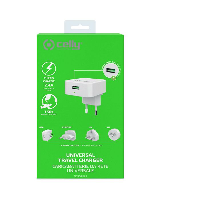 Punjač za mobitel CELLY 4 U 1, 2.4A - UK, USA, EUROPE, AU bijeli-1