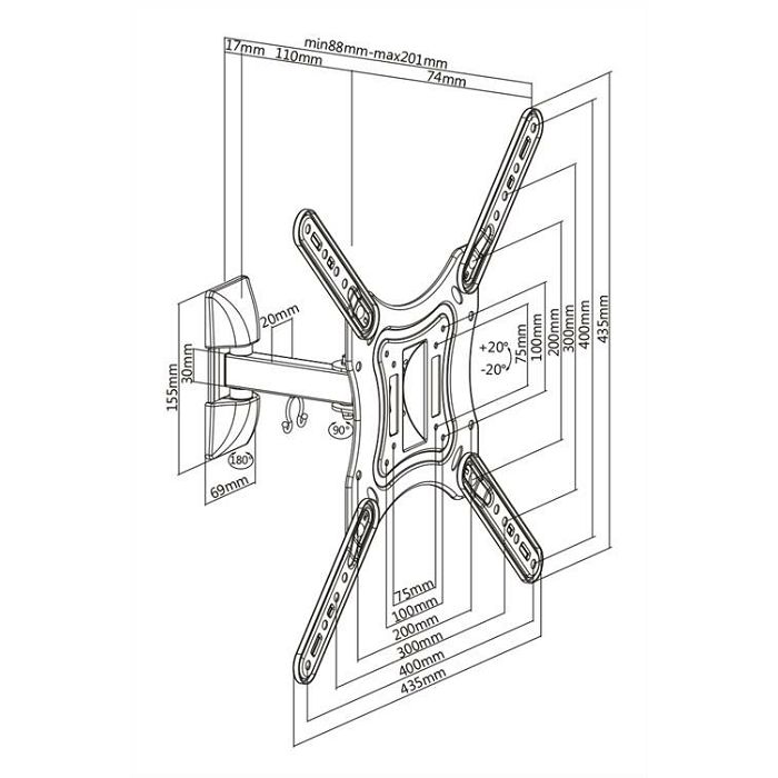 Nosač za TV zidni DELTACO ARM-0254 (23"-55", do 30 kg, nagib +20°/-20°, zakret +45°/-45°)-6