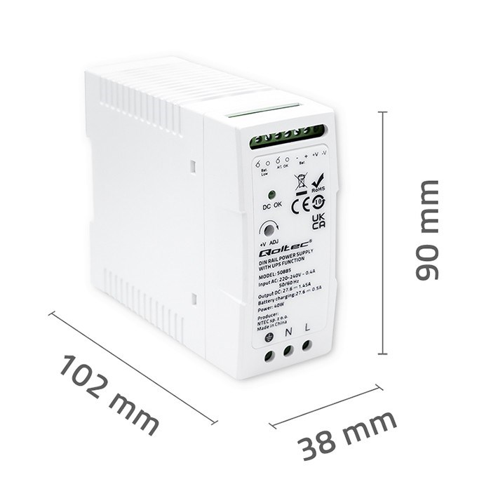 Qoltec 50885 Stable DIN Rail Power Supply with UPS function | 40W-8