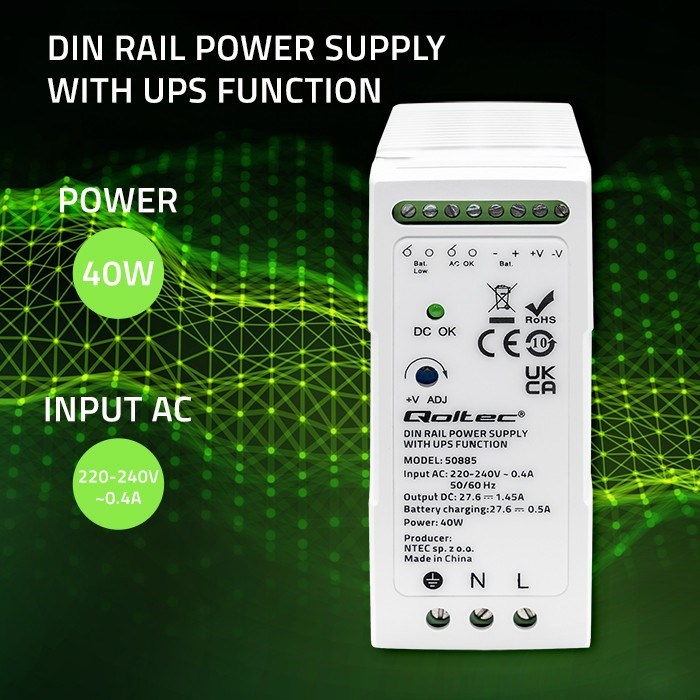 Qoltec 50885 Stable DIN Rail Power Supply with UPS function | 40W-4