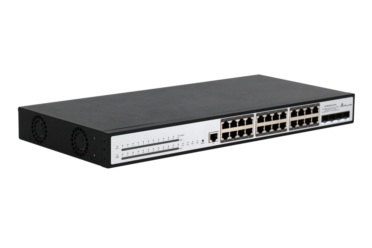 Switch PoE EXTRALINK Chiron Pro (upravljivi, 24x RJ45 1000Mb/s PoE, 4x SFP+, L3, 370W)-1