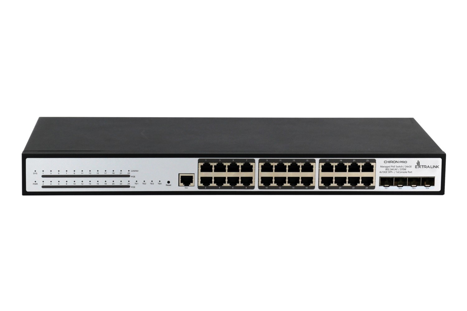 Switch PoE EXTRALINK Chiron Pro (upravljivi, 24x RJ45 1000Mb/s PoE, 4x SFP+, L3, 370W)-0