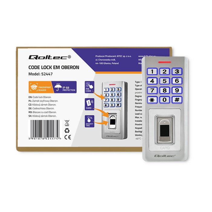 Brava s kodom QOLTEC Oberon 52447 (s čitačem otiska prsta, RFID, zvono, IP68, EM)-8