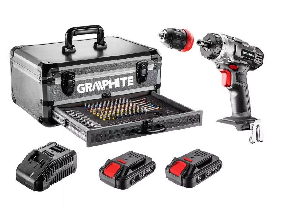 Set alat u aluminijskom kovčegu GRAPHITE Energy+ (bezčetkasti motor, 2 baterije od 2.0Ah, 109 dodataka)