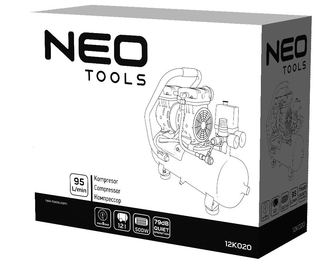 Kompresor bez ulja NEO TOOLS 12K020 (12 l, 8 bar, 580 W, usis zraka 105 l/min)-0