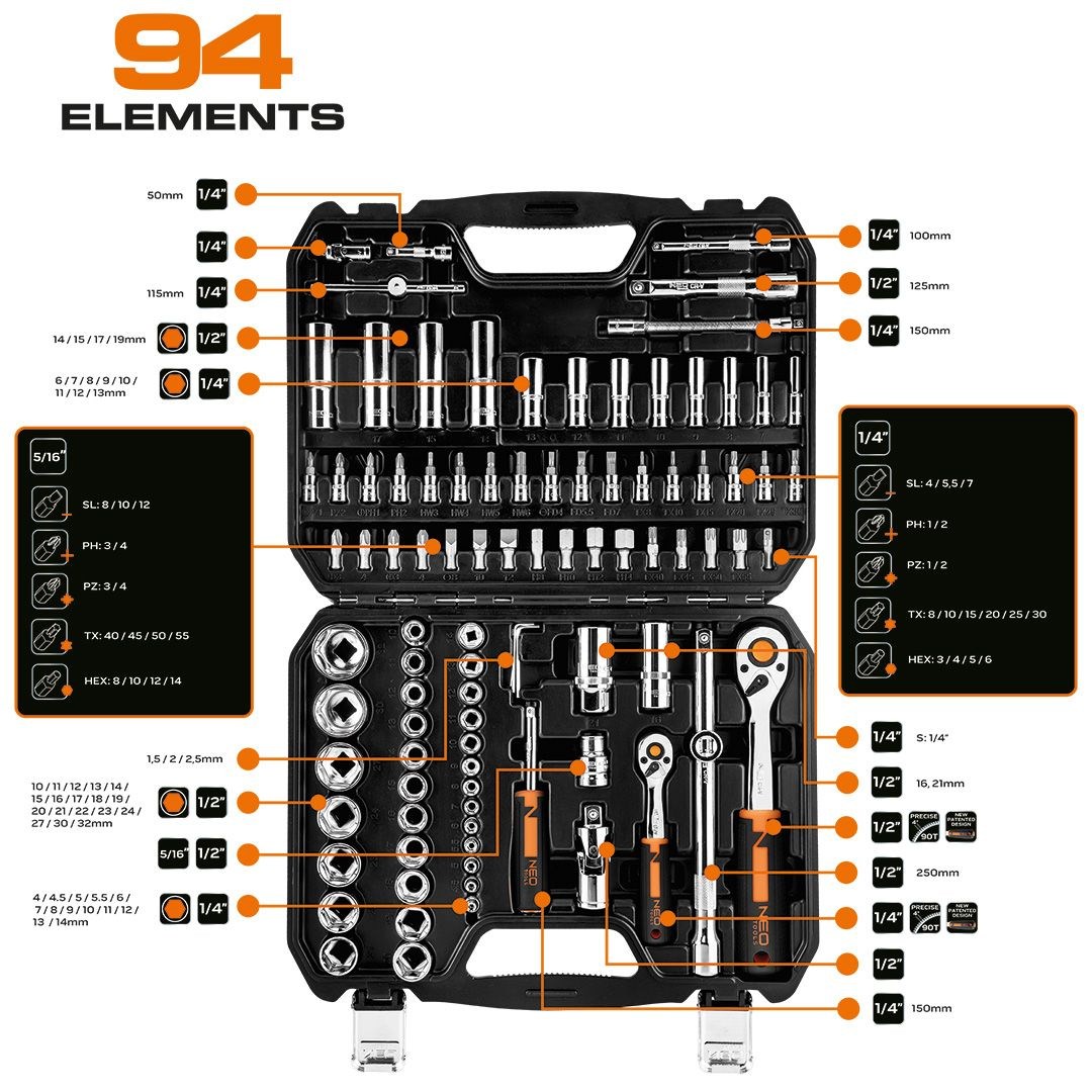 Set nasadnih ključeva NEO TOOLS 08-910 (1/4", 1/2", 94 komada, CrV čelik)-5