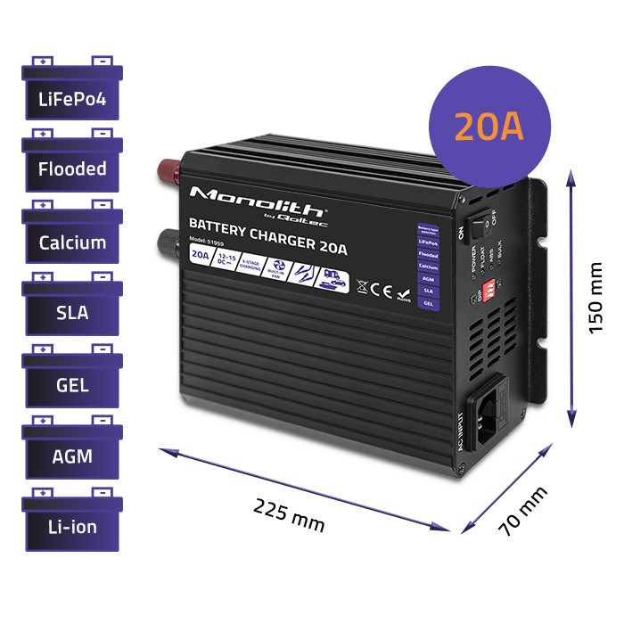 Punjač akumulatora QOLTEC Monolith 20 A 12 V za LiFePO4, AGM, GEL i SLA akumulatore-2