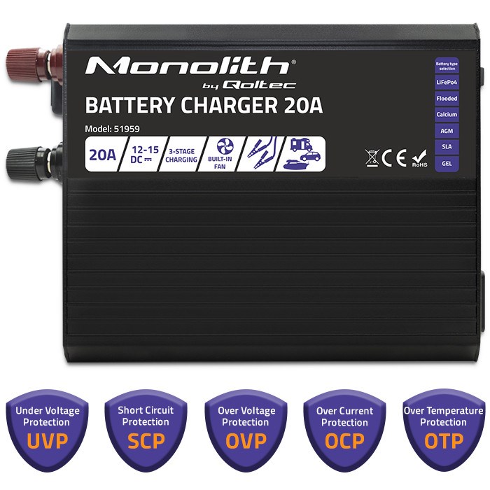 Punjač akumulatora QOLTEC Monolith 20 A 12 V za LiFePO4, AGM, GEL i SLA akumulatore-3