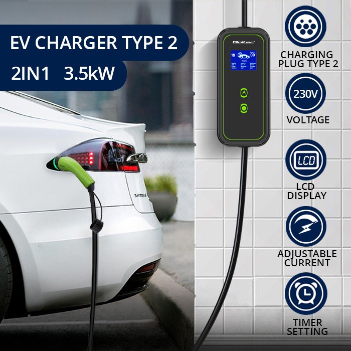 Prijenosni punjač za električna vozila QOLTEC Mobile EV Charger 2-in-1 Type2 (3.5kW, 16A, LCD, 5m)-1