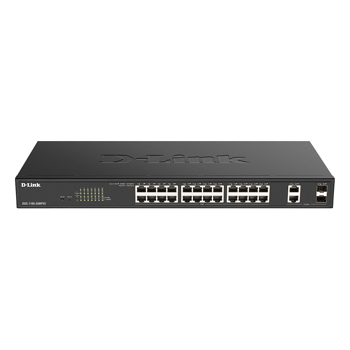 Mrežni switch D-LINK DGS-1100-26MPV2/E (24x GE PoE+, 2x SFP, 370W, Managed L2, Rackmount)