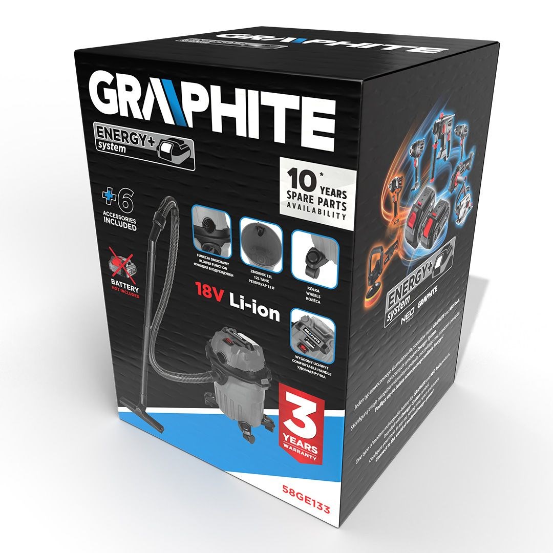 Aku radionički usisavač GRAPHITE Energy+ 58GE133 (18V, 12L, za suho/mokro usisavanje, bez baterije)-2