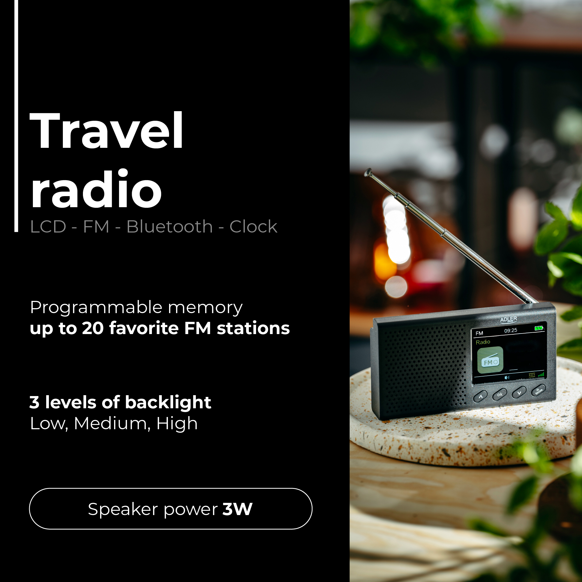 Prijenosni radio ADLER AD 1198 (FM, funkcija alarma) crni-14