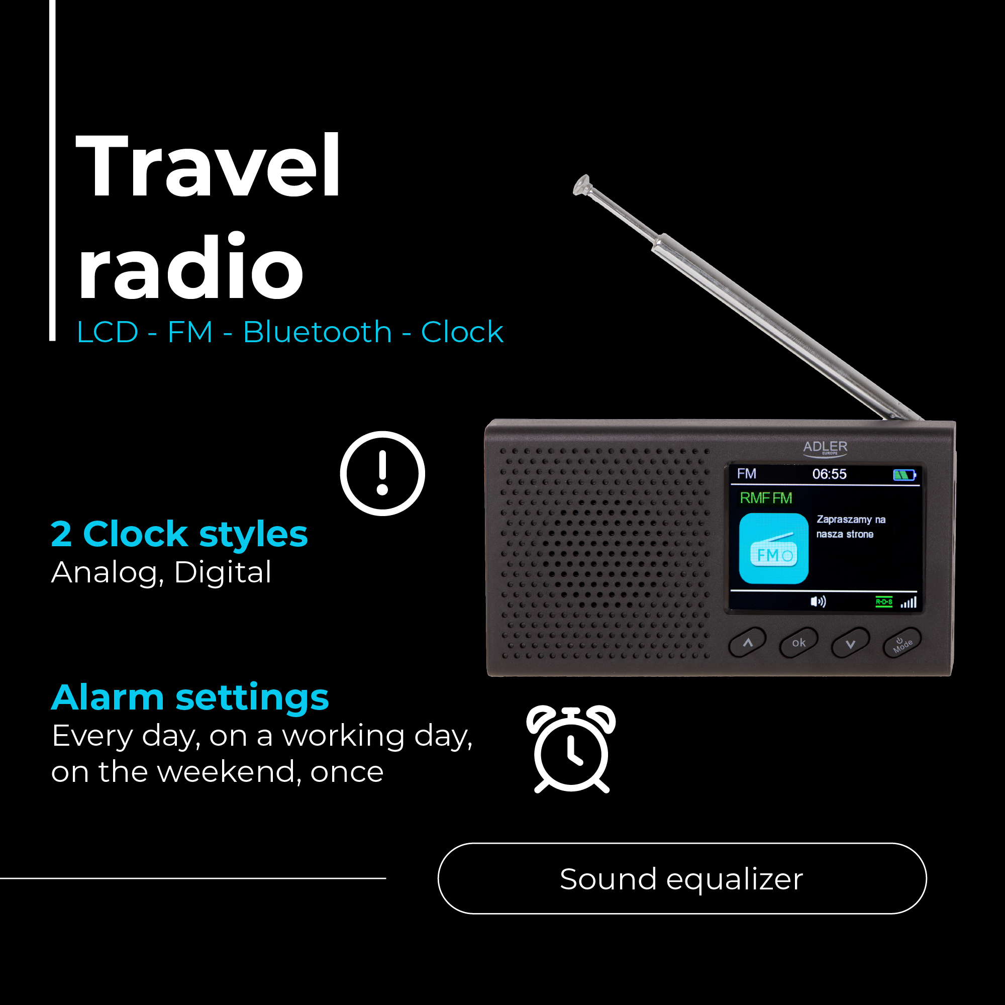 Prijenosni radio ADLER AD 1198 (FM, funkcija alarma) crni-13