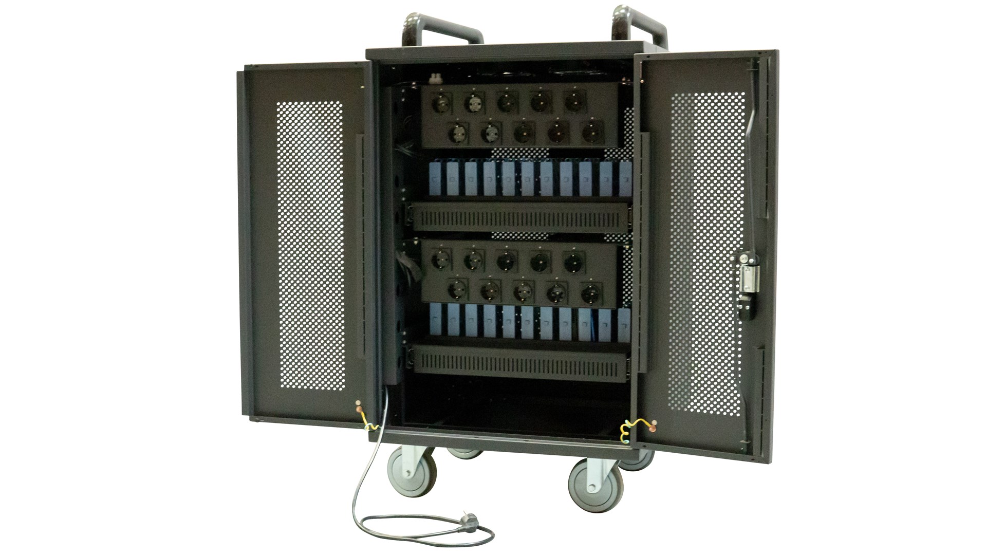 Multimedijalna kolica AVTEK Charging Cart 20 (za 15.6'' laptop, 2 police, 4 kotača, ugrađeni punjač, crna boja)-3