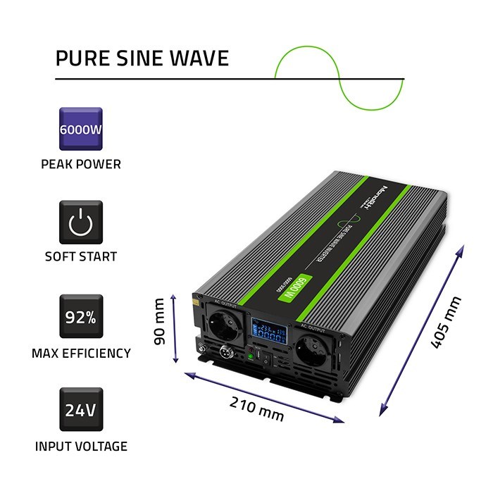 Pretvarač napona QOLTEC 51923 Monolith (3000W/6000W, 24V na 230V, Čisti sinus, LCD)-8