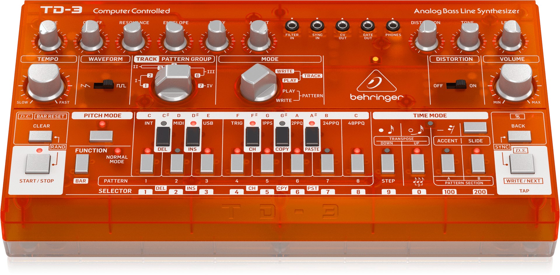 Analogni sintesajzer BEHRINGER TD-3-TG (crvena boja, USB priključak, MIDI in/out, DC ulaz)-1