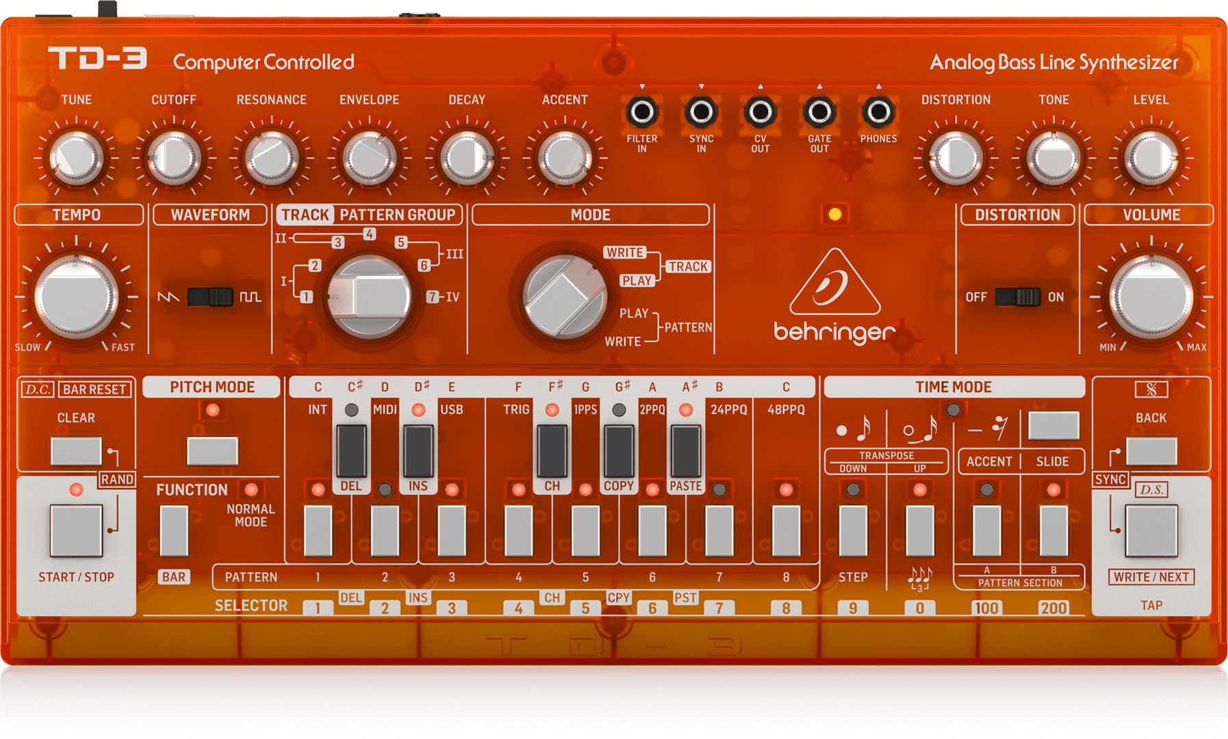 Analogni sintesajzer BEHRINGER TD-3-TG (crvena boja, USB priključak, MIDI in/out, DC ulaz)