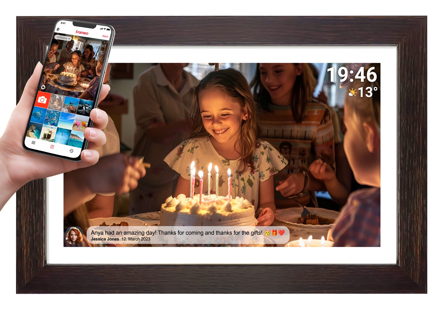 Digitalni okvir za slike DENVER PFF-1542LW (15.6" FHD IPS, 16 GB, Wi-Fi, FRAMEO, tamno drvo)