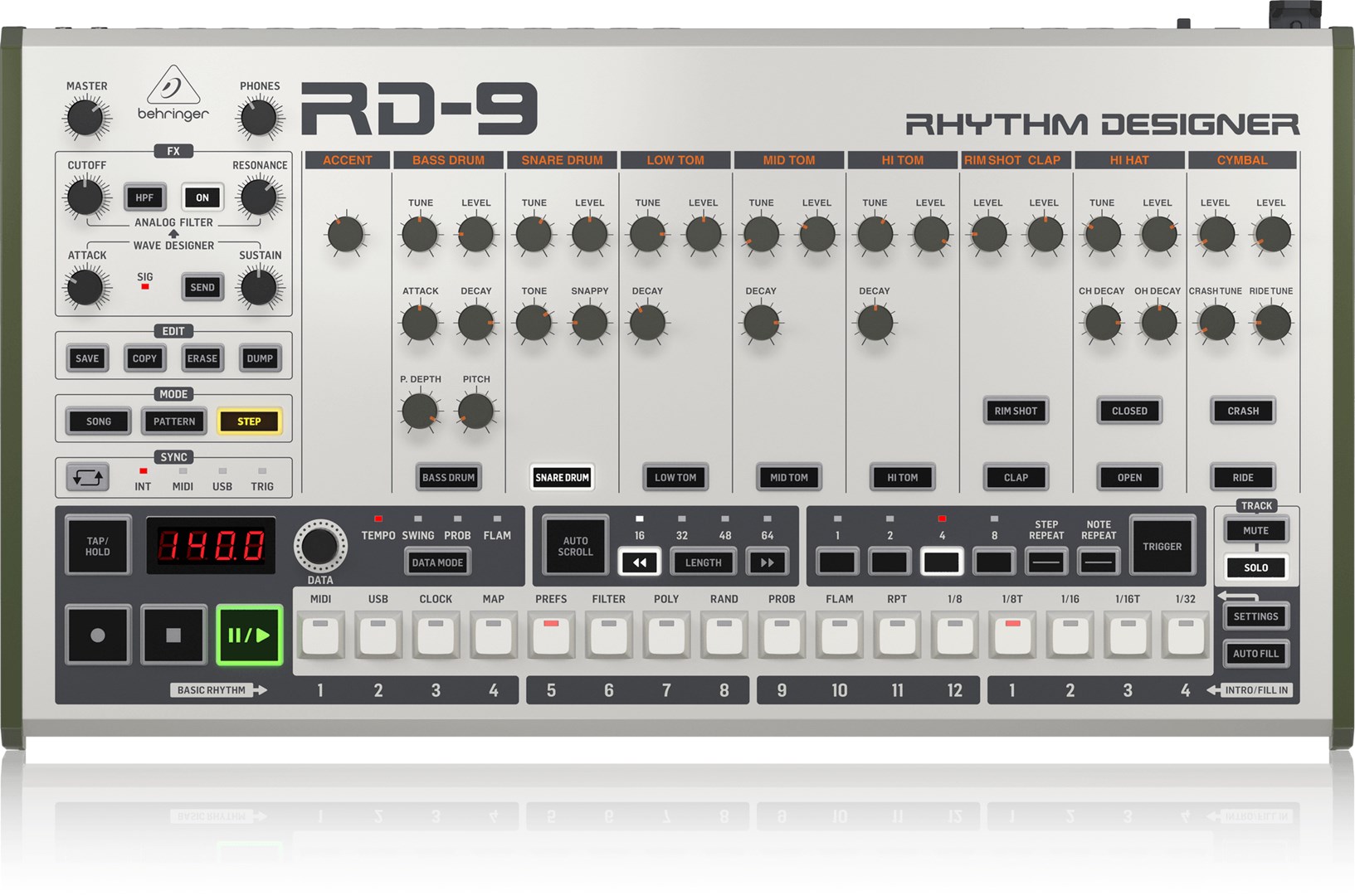 Ritam mašina BEHRINGER RD-9 (analogna, 11 zvukova, 64-step sekvencer, Wave Designer)