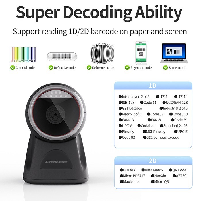 Qoltec Desktop Precision Reader 1D Barcode & QR Scanner | 2D-11