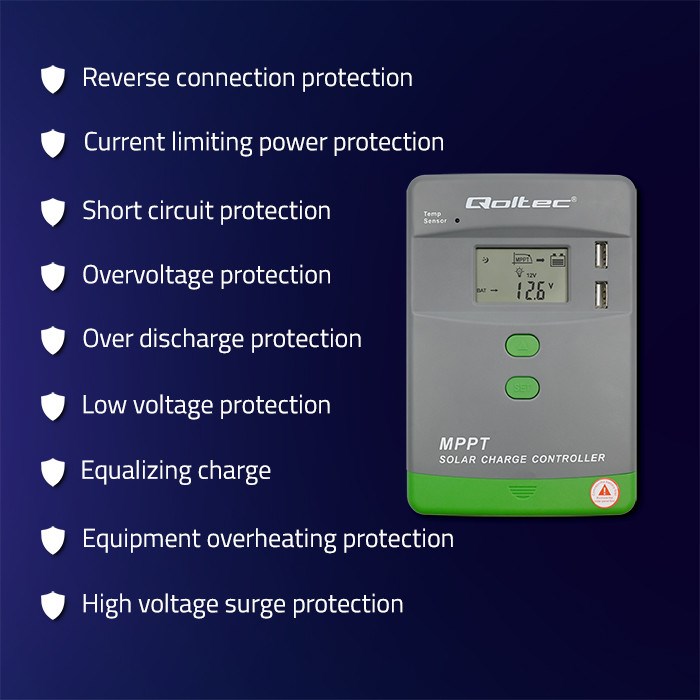 Solarni regulator punjenja QOLTEC MPPT 20A (12V/24V, LCD, 2x USB, Senzor temperature)-1