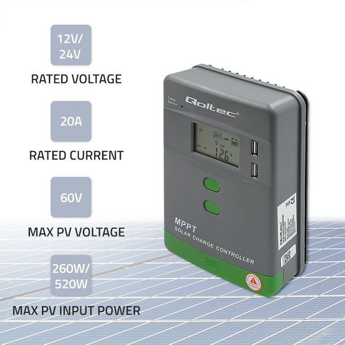 Solarni regulator punjenja QOLTEC MPPT 20A (12V/24V, LCD, 2x USB, Senzor temperature)-4