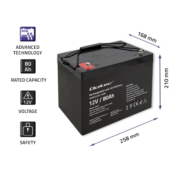 AGM baterija QOLTEC 53075 (12V, 80Ah, 23.5kg)-0