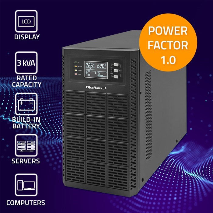 Neprekidno napajanje QOLTEC 52282 (3kVA, 3000W, faktor snage 1.0, LCD, EPO, USB, On-line)-1