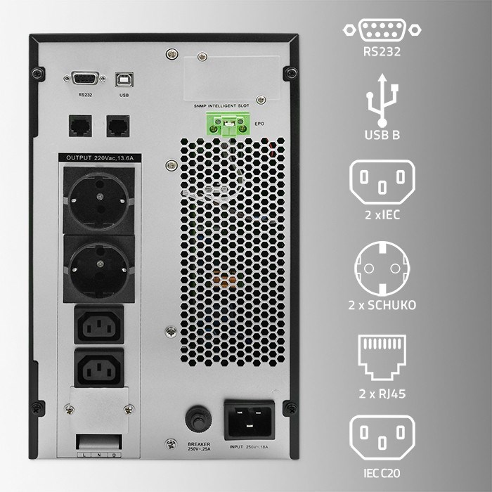 Neprekidno napajanje QOLTEC 52282 (3kVA, 3000W, faktor snage 1.0, LCD, EPO, USB, On-line)-4
