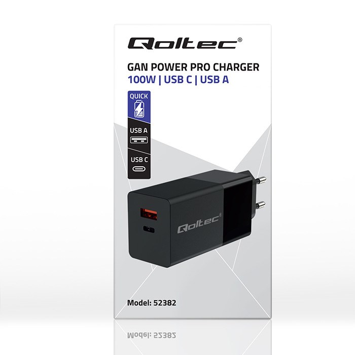 Punjač QOLTEC 52382 GaN POWER PRO 100W 5-20V 1xUSB type C 1xUSB A crna boja-2