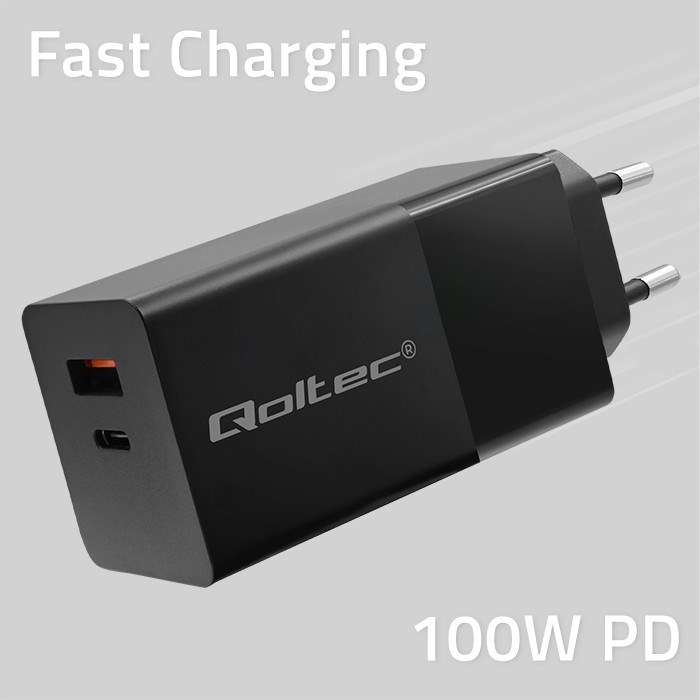 Punjač QOLTEC 52382 GaN POWER PRO 100W 5-20V 1xUSB type C 1xUSB A crna boja-0
