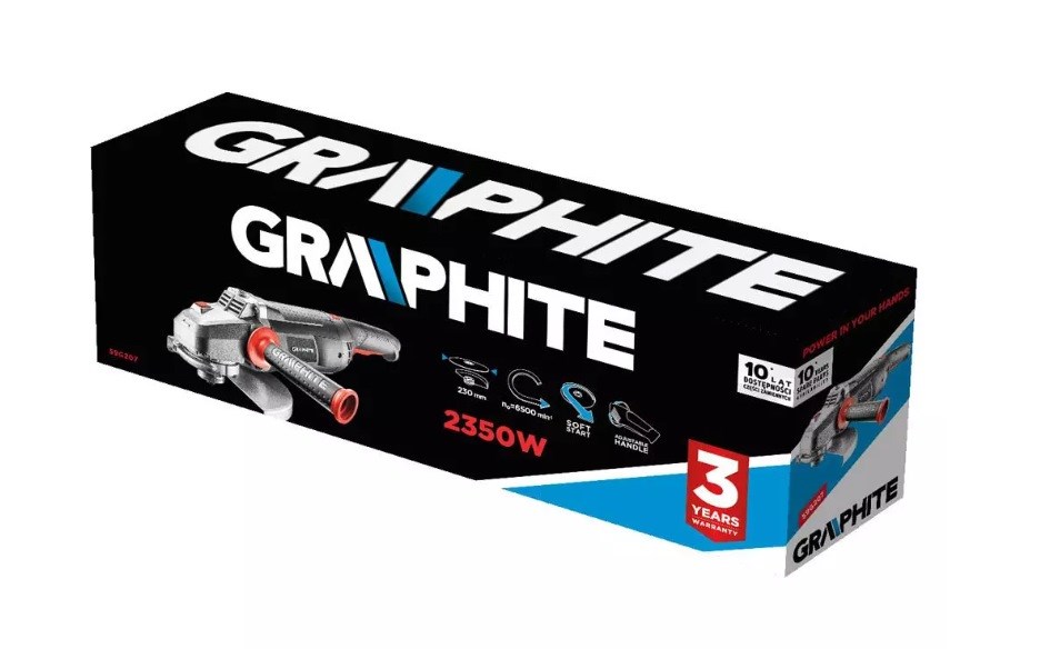 Kutna brusilica GRAPHITE 2350W (promjer diska 230mm, maksimalna brzina praznog hoda 6500 RPM, dužina kabla 3m, težina 4.8 kg)-1