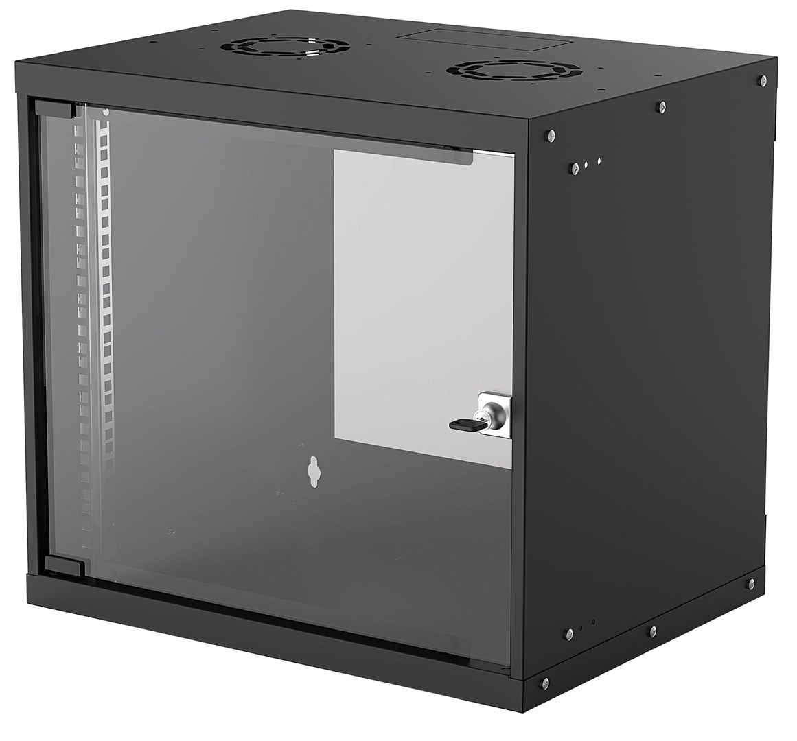 Mrežni ormar INTELLINET, za montažu na zid (Basic), 9U, korisna dubina 340mm/širina 485mm, crna, Flatpack, max 50kg, staklena vrata, 19"