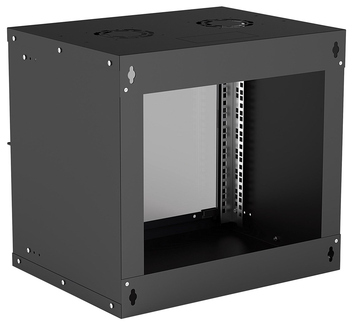 Mrežni ormar INTELLINET, za montažu na zid (Basic), 9U, korisna dubina 340mm/širina 485mm, crna, Flatpack, max 50kg, staklena vrata, 19"-1