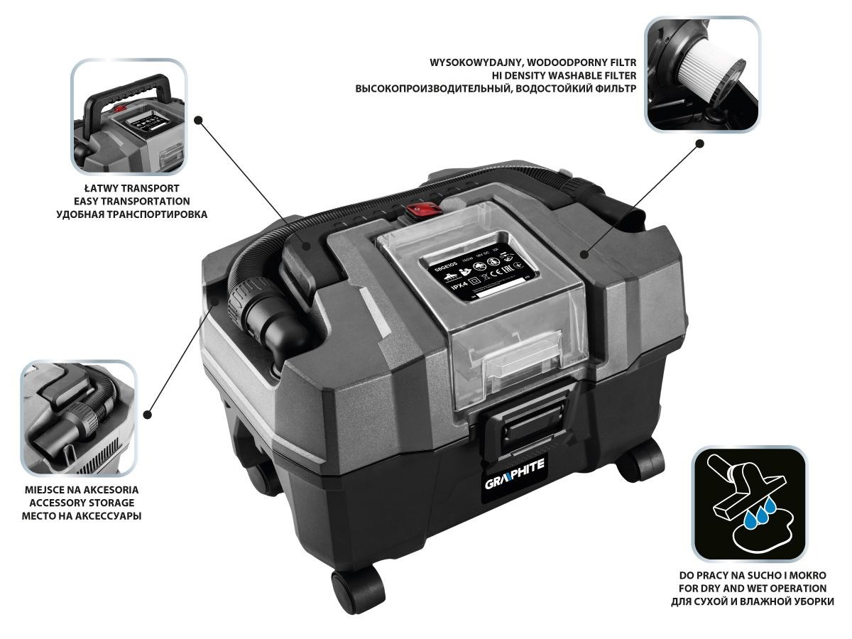 Aku industrijski usisavač GRAPHITE 58GE105 (18V, 10L, bez baterije)