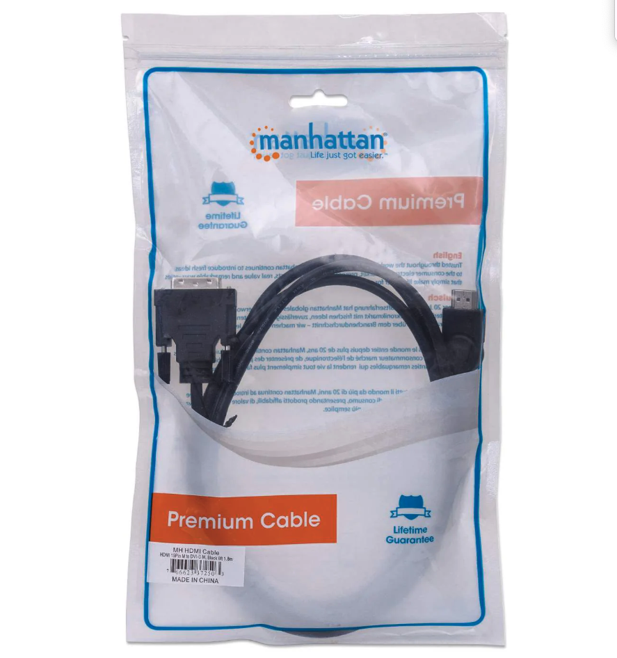 Manhattan HDMI to DVI-D 24+1 Cable, 1.8m, Male to Male, Black, Equivalent to HDMIDVIMM6, Dual Link, Compatible with DVD-D, Lifetime Warranty, Polybag-2