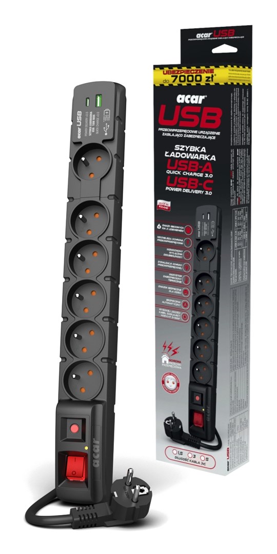 POWER STRIP ACAR S6 USB A+C 1.5M 6X 230V PL PD 3.0 QC BLACK-3