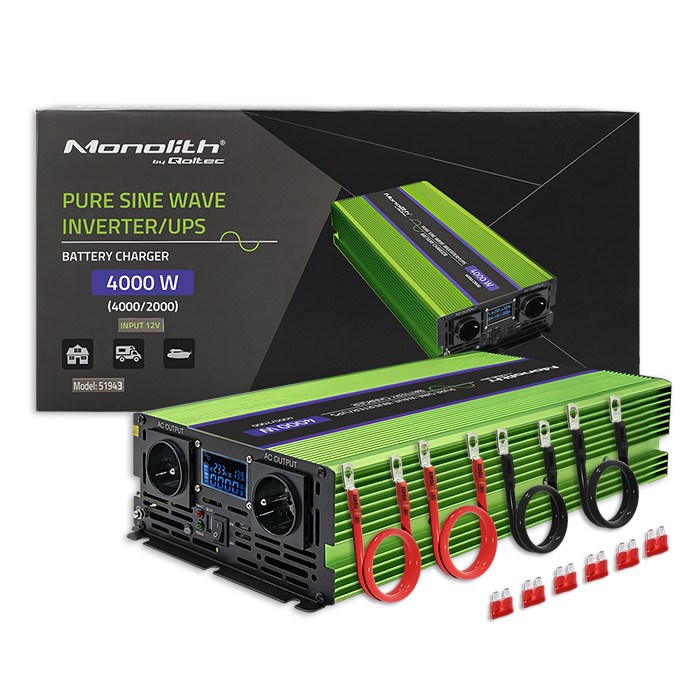 Qoltec Monolith Pretvarač Napona 12V na 230V 2000W/4000W, Čisti Sinus, s UPS Funkcijom i Punjačem-9