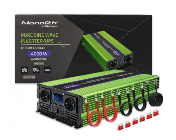 Qoltec Monolith Pretvarač Napona 12V na 230V 2000W/4000W, Čisti Sinus, s UPS Funkcijom i Punjačem-4