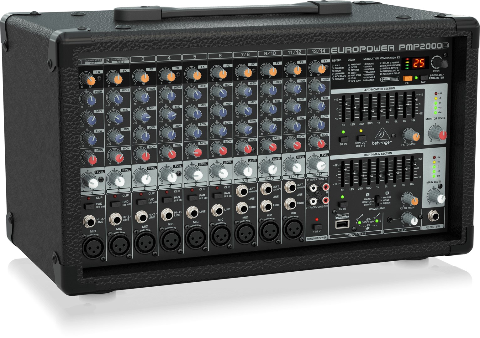 Powermikser BEHRINGER PMP2000D (Klasa D, 14 kanala, 2000 W, ugrađeni ekvilajzer, AUX ulaz)-1