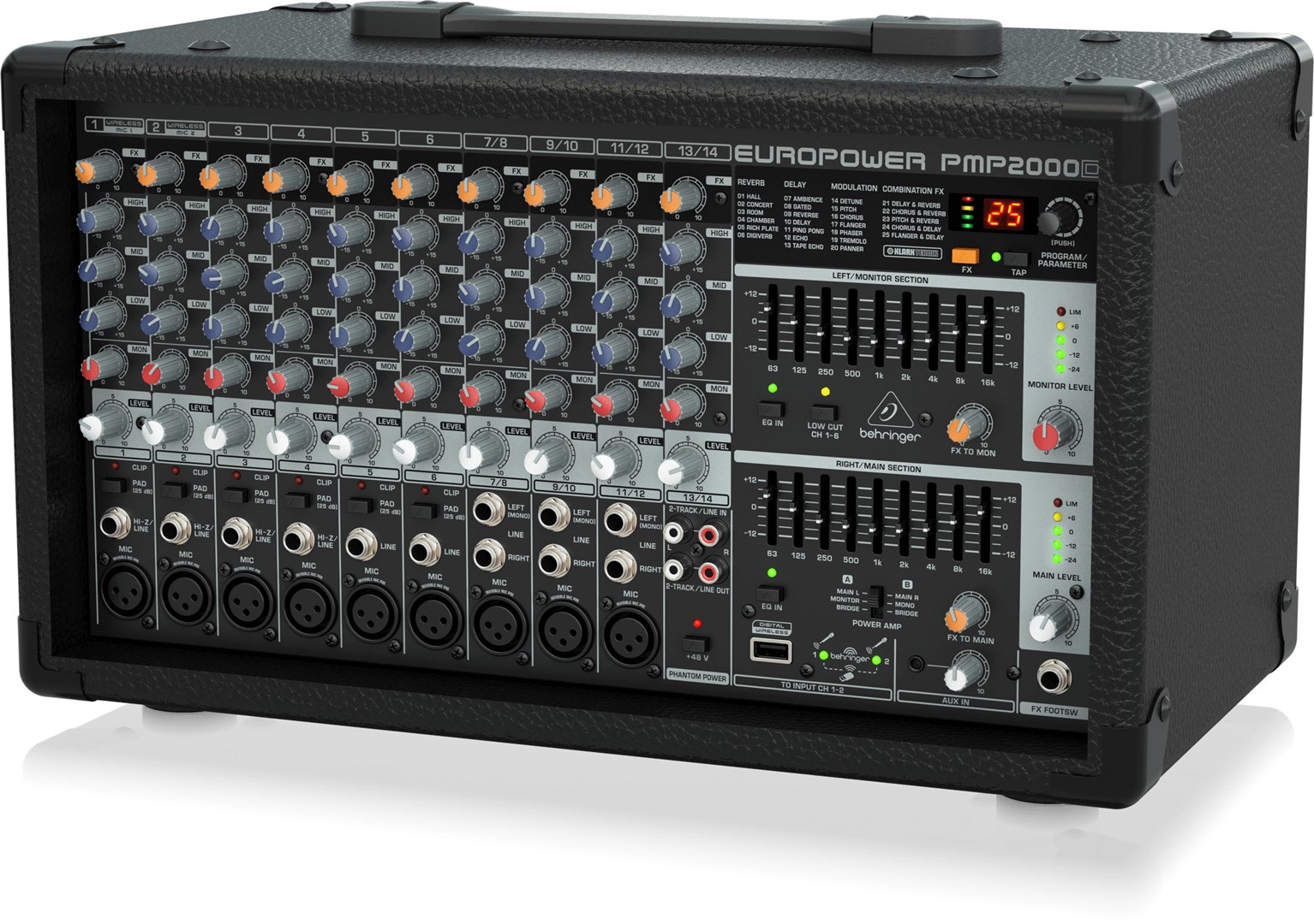 Powermikser BEHRINGER PMP2000D (Klasa D, 14 kanala, 2000 W, ugrađeni ekvilajzer, AUX ulaz)-2