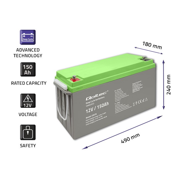 Qoltec 53078 Deep Cycle Gel battery| 12V | 150Ah | 44.5kg-3