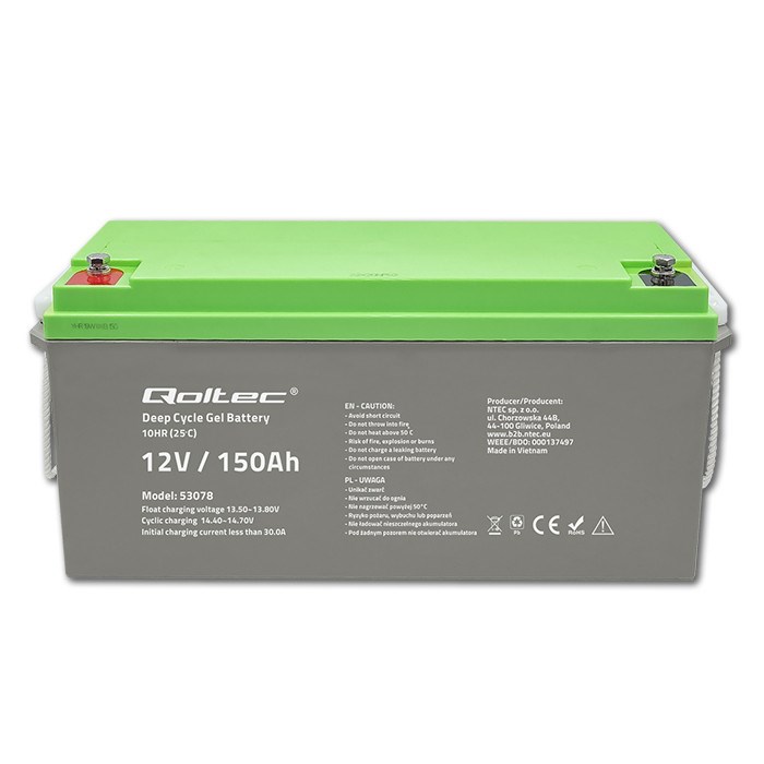 Qoltec 53078 Deep Cycle Gel battery| 12V | 150Ah | 44.5kg-5
