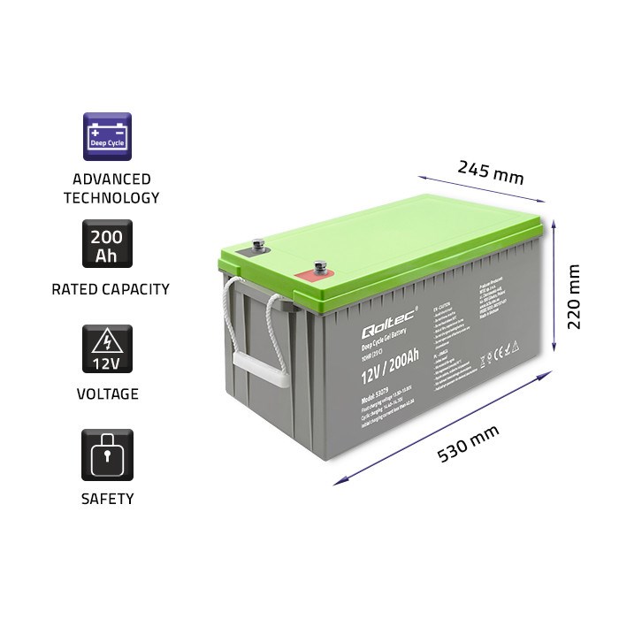 Qoltec 53079 Deep Cycle Gel battery | 12V | 200Ah | 62.5kg-2