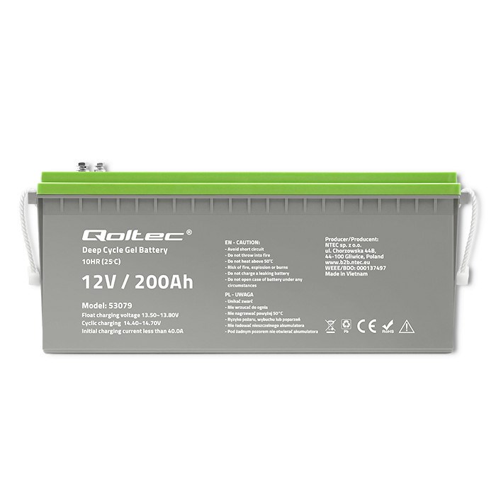 Qoltec 53079 Deep Cycle Gel battery | 12V | 200Ah | 62.5kg-5